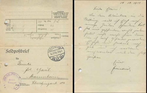 29th Infantry Division Infantry Regiment "Prinz Wilhelm" Field Post WWI 16.10.1916