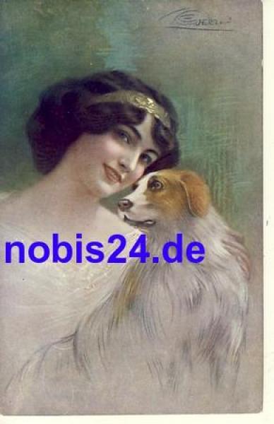 Lady with dog artist card *ca.1910