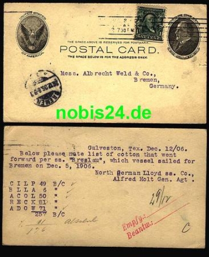 Galveston Texas postal stationery to Bremen o 28.12.06