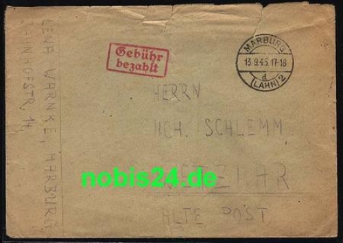Marburg red fee paid stamp 13.9.1945