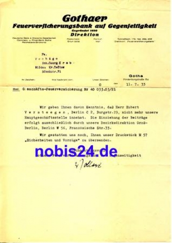 Gotha fire insurance letter 1933