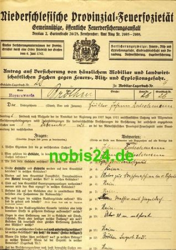 Niederschlesische Provinzial Feuersozietät 1929 Versicherungsschein 2 Seiten