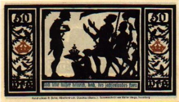 06484 Quedlinburg, Städtenotgeld, Wert 50 Pfennige, Kaiser Heinrich, hoch leben, 1921