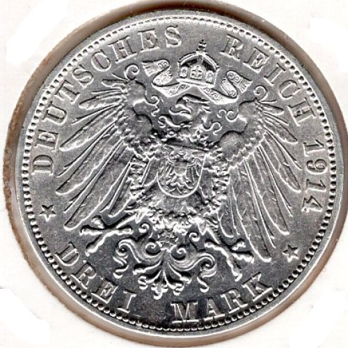 3 Mark Baden 1914 Frederick II Silver Coin