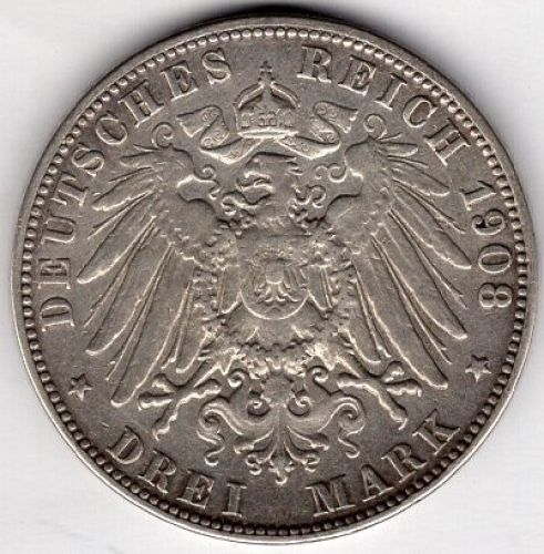 3 Mark Hamburg 1908 Silver Coin