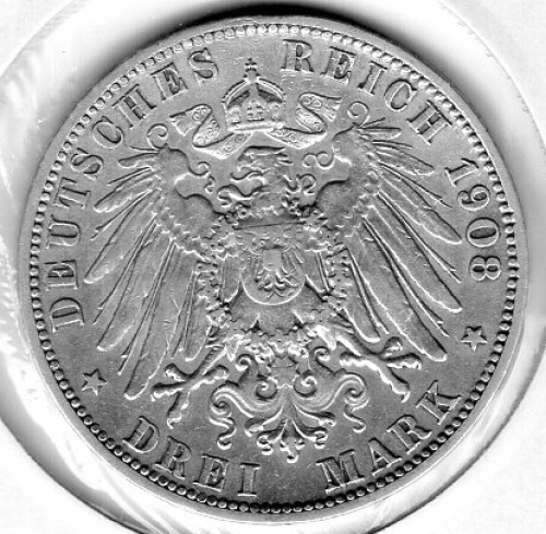 3 Mark Prussia 1908 Kaiser Wilhelm II Silver Coin