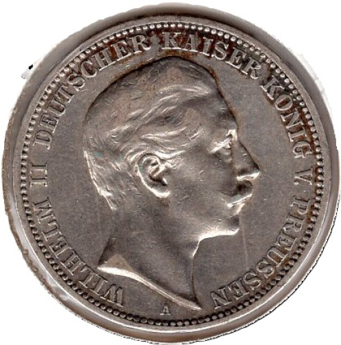 3 Mark Preussen 1908 Kaiser Wilhelm II Silbermünze 
