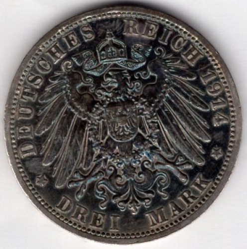 3 Mark Prussia 1914 Kaiser Wilhelm II in uniform for the 25th anniversary of his reign