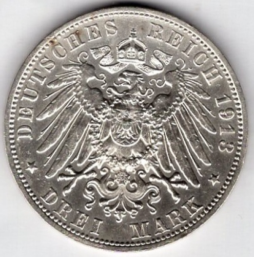 3 Mark Saxony 1913 Friedrich August silver coin