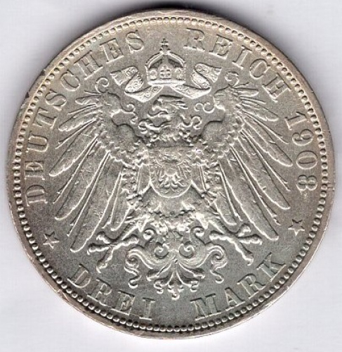 3 Mark Wuerttemberg 1908 Wilhelm II Silver Coin