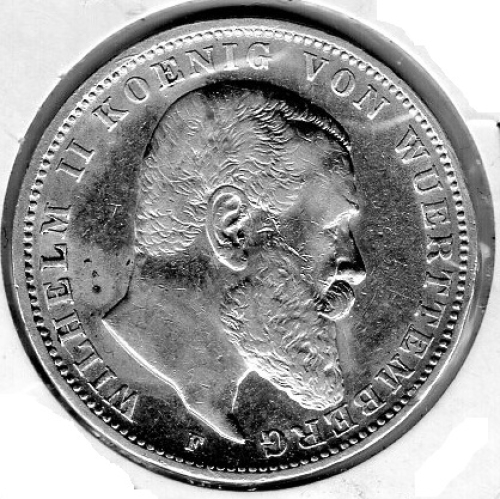 3 Mark Wuerttemberg 1909 Wilhelm II Silver Coin