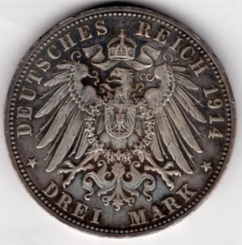 3 Mark Wuerttemberg 1914 Wilhelm II Silver Coin