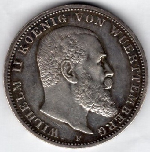 3 Mark Wuerttemberg 1914 Wilhelm II Silver Coin