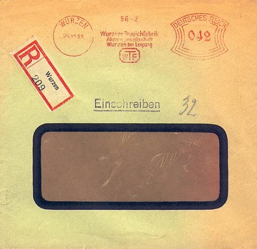 Wurzen R-Brief mit Absenderfreistempel Teppichfabrik o 24.11.33