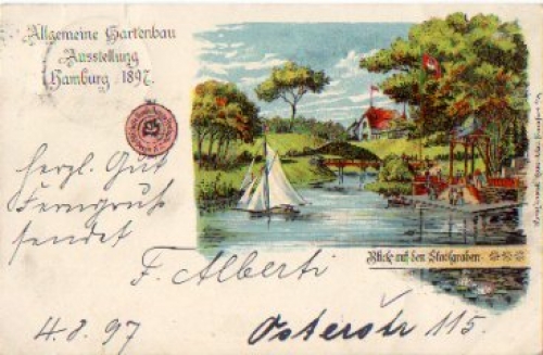 Hamburg Allgemeine Gartenausstellung Farblitho, Blick Stadtgraben  o 5.8.1897
