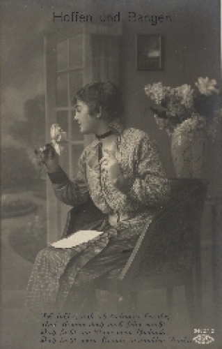Young woman with rose "hope and fear" series card 34627/2 * ca. 1930