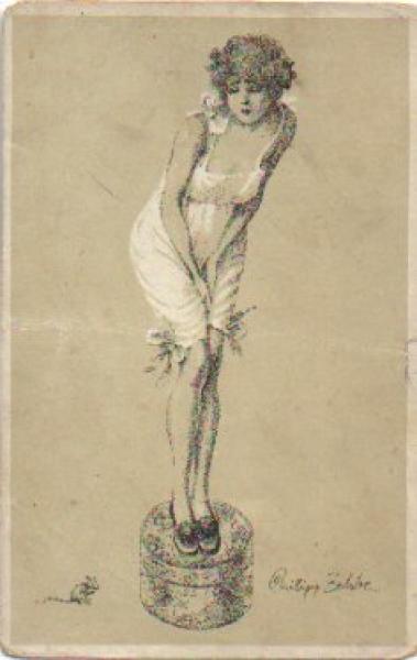 Frau auf Hocker wegen Maus Humor Künstlerkarte Zehle * ca. 1910