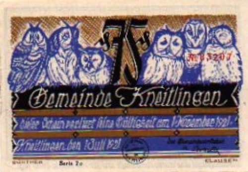 City emergency money, worth 75 pfennigs, owls sitting, Eulenspiegel on the back, 1921