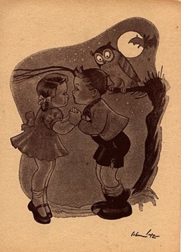 Owl observes children in the moonlight, artist card * approx. 1930