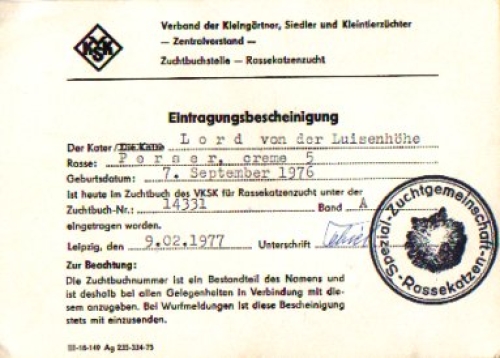 Registration certificate of a Persian cat, 02/09/1977