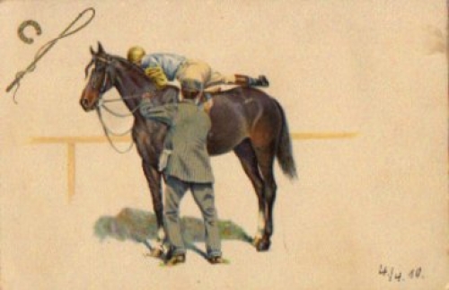 Horse jockey getting on artist card used. 4/4/1910