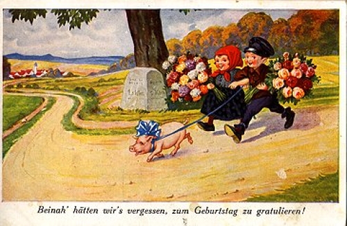 Children with bouquet of flowers with pig on leash. circa 1930