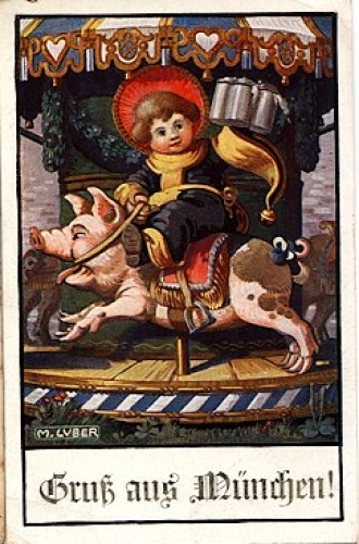 Pig child with beer mugs on carousel artist card M. Luber, gebr. 09/17/1922