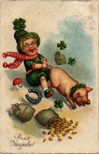 Child holds pig by the tail, coin sacks, toadstool, gebr. 1.1.1929