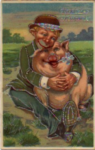 Man hugging pig in meadow silver embossed card * ca. 1920