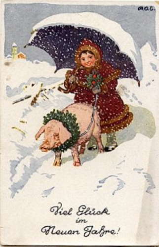 Girl with an umbrella and a pig, artist card ROE, * approx. 1920