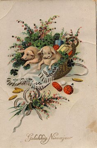 Pigs in a gift basket, New Year's card, o 30.12.1924