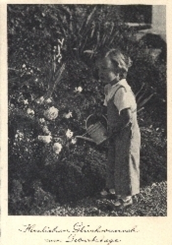 Girl with a watering can birthday card * ca. 1940