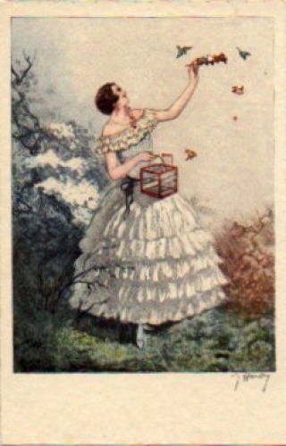 Woman with Birdcage Artist Card J. Hardy * ca. 1964
