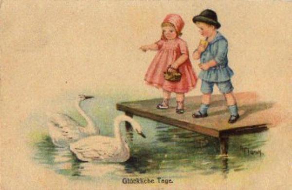 Swans with children artist card Frank gebr. 11/28/1918
