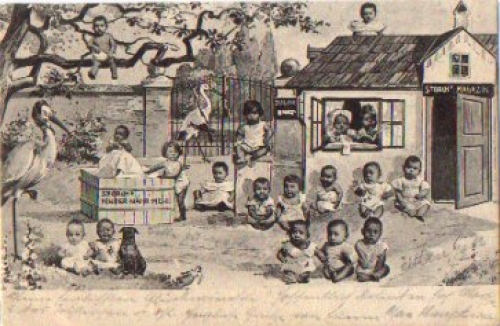 Storks with children Storch's children's food flour advertising card o 6.9.1902