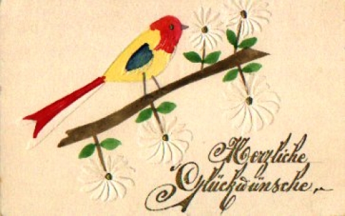 red bird on branch congratulation card * ca. 1920