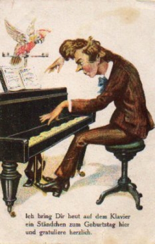 parrot on piano artist card used circa 1920