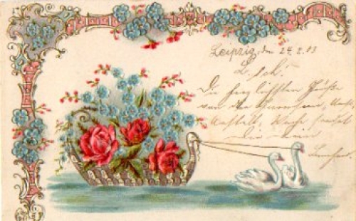 Glueckwunschkarte mit Rosen und Vergissmeinnicht, Schwäne, Prägekarte, o 24.2.1903