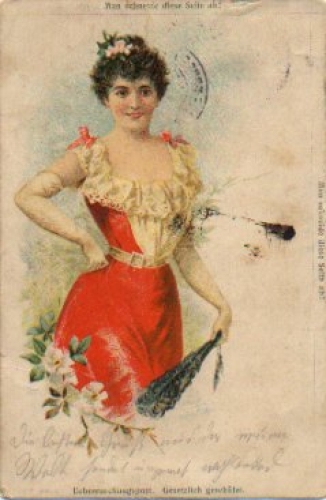 Woman with red dress and fan artist card used circa 1900