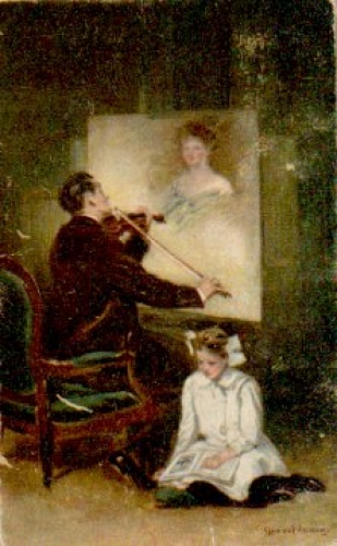 Man with violin, artist card Clarende F. Underwood o February 18, 1922