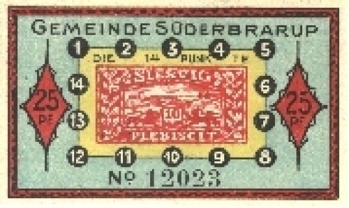 24392 Süderbrarup Schleswig Holstein Emergency money voucher for 25 Pf. No. 12023 around 1920