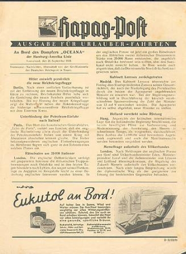 Hapag-Post Ausgebe für Urlauber Fahrten 21.9.1935 Dampfer "Oceana" 4 Seiten
