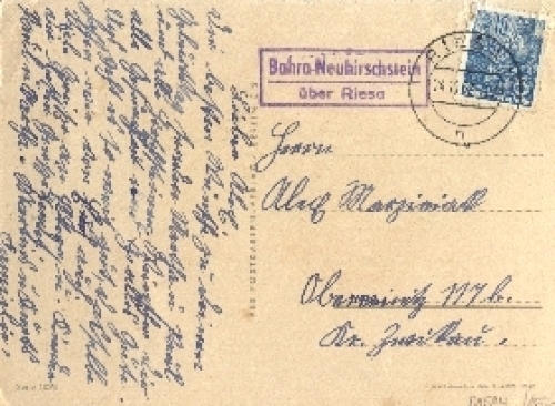 01594 Riesa, Posthilfsstellenstempel auf AK (Bahra-Neuhirschstein über Riesa), o 24.11.1958