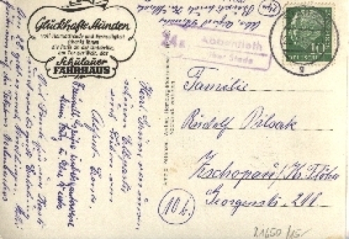 21650 Stade, Posthilfsstellenstempel auf AK (Abbenfleth über Stade), o 25.07.1955,