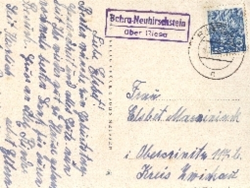 01594 Riesa, post office stamp on postcard (Bahra-Neubirschstein via Riesa), approx. 1960