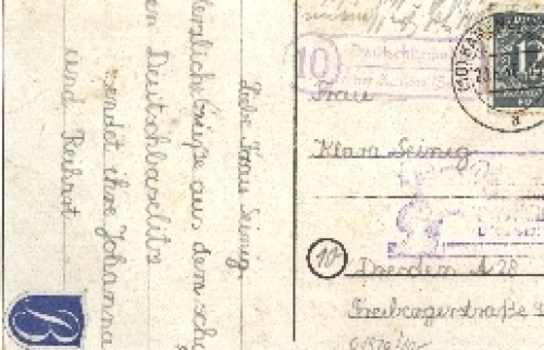 01920 Deutschbaselitz Kamenz post office stamp on AK o 23.8.1946