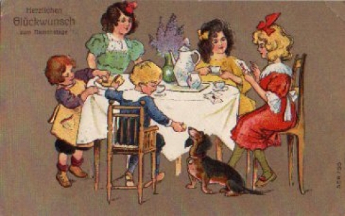 Dachshund on coffee table, embossed card o approx.23.2.1910