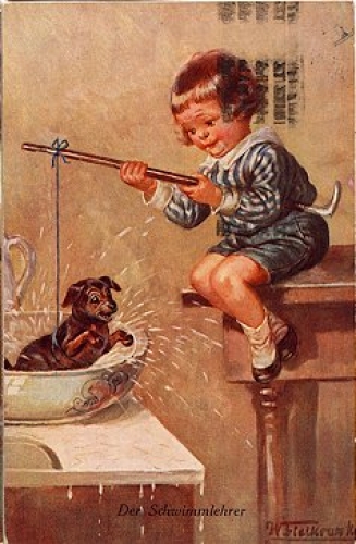 Dachshund having a bath child artist card W. Fielkran o March 21, 1929