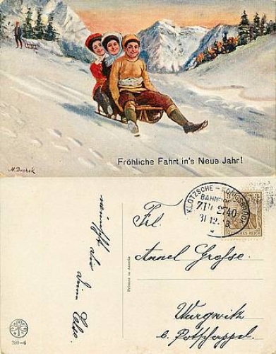 Women at the toboggan artist card M. Duchek railway postmark Klotzsche-Koenigsbrueck train 2740 o 1913