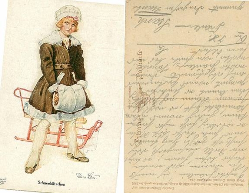Girl with muff and sled artist card Hans Leu used ca. 1920 ​​​​​​​Primus card no. 3302